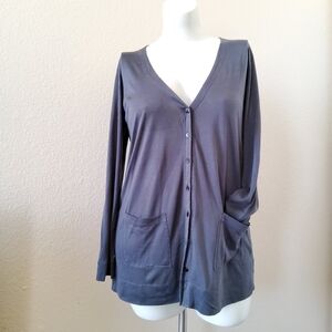 Eileen Fisher Silk Cotton V-Neck Button Down Cardigan with Pockets Size M Grey